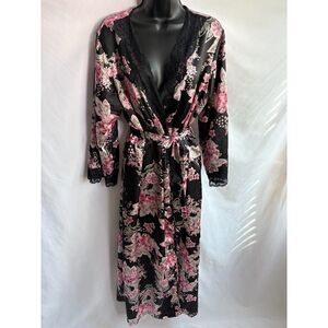 Amoureuse Satin Floral Robe Kimono Size M Lingerie Intimates Black Pink Romantic